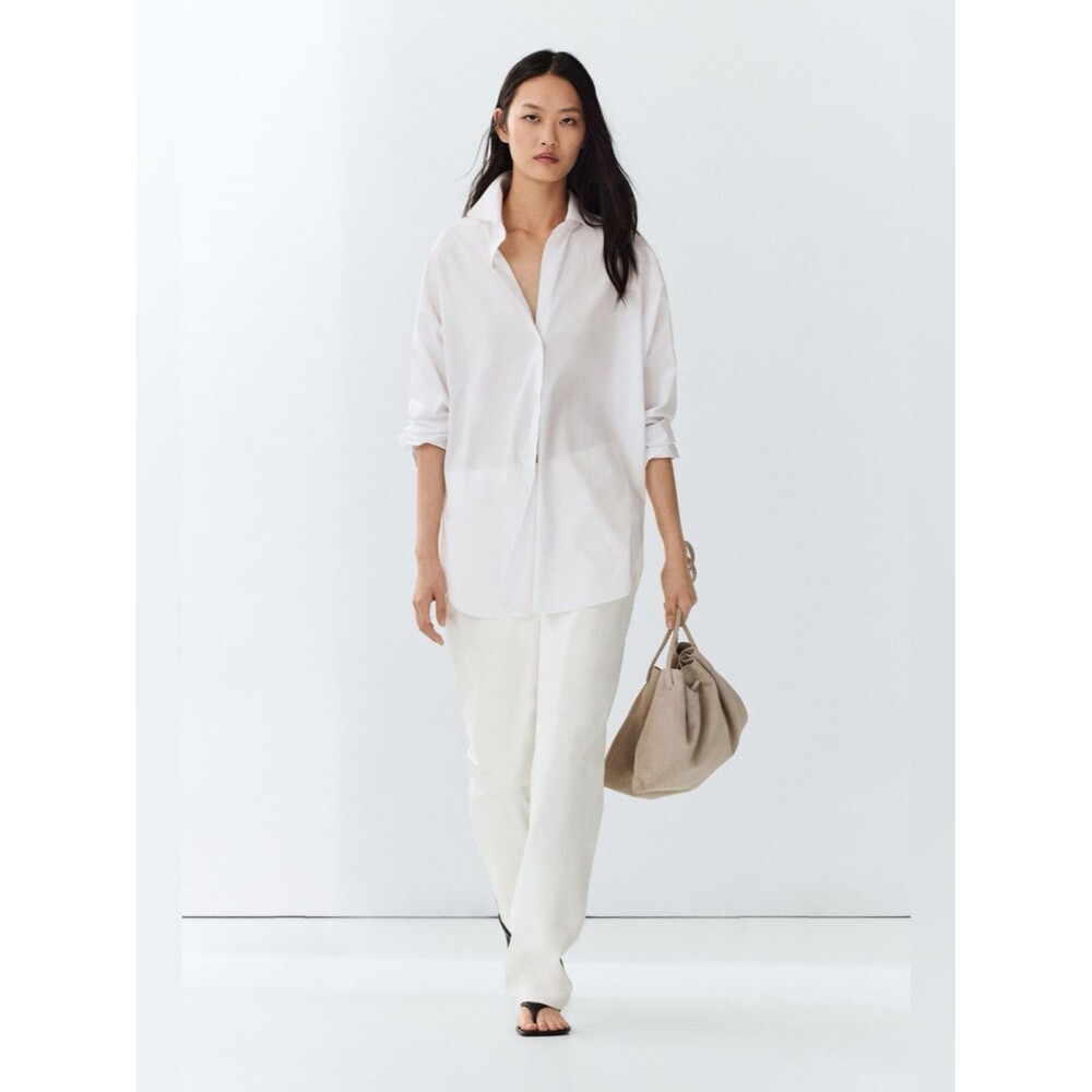 Zara White Button Down Oversized Tunic Shirt Sz S Effortlessly Chic Coastal Prep